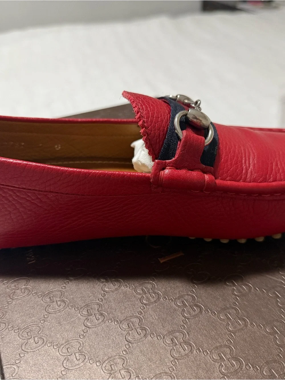 Gucci Red Leather Horsebit Loafers with Black Web